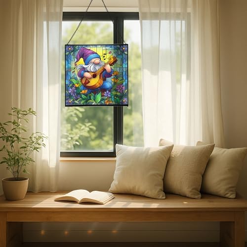 Musician Gnome Stained Glass Suncatcher – Square Hanging Window Panel for Home or Greenhouse – Whimsical Glass Art Gift for Garden Lovers, Christmas, Halloween, Father Days Dxyh3Y - Image 7