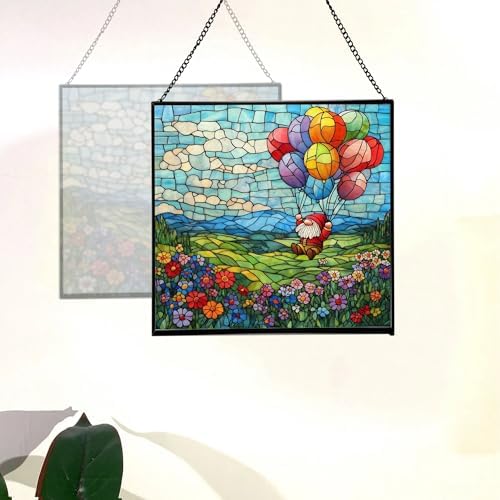Balloon Flight Gnome Stained Glass Suncatcher – Square Hanging Window Panel for Home or Greenhouse – Whimsical Glass Art Gift for Garden Lovers, Christmas, Halloween, Father Days WsxVJP - Image 4
