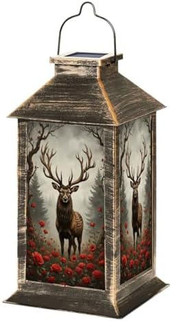 Solar Lantern Outdoor Garden Hanging Lantern Majestic Stag Antlers Rose Garden Misty Forest Waterproof Solar Powered Lighting Outside Table Lamp for Patio Deck Yard Camping by Unknown