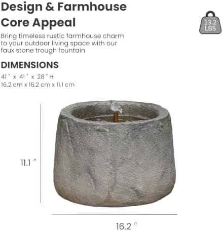 Tankana Compact Round Faux Stone Trough Water Fountain Outdoor Bubbler Water Feature Indoor with Solid Copper Tubing & Hidden Pump, Cottage Garden Yard Patio Entryway Meditation Fountain, Gray - Image 5