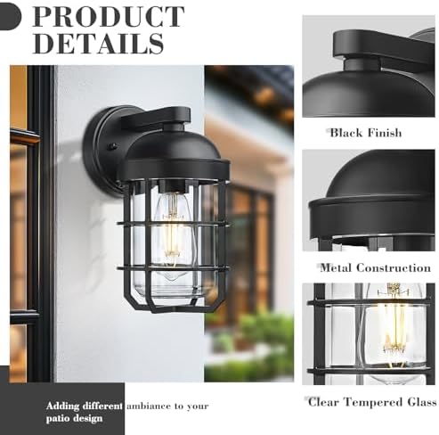 Emliviar 1-Light Outdoor Wall Sconce, Metal Cage Industrial Exterior Wall Light Fixture, Clear Tempered Glass with Black Finish, GE255BL BK - Image 3