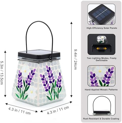 SAVENNA Mosaic Solar Lantern,Handcrafted Glass Outdoor Hanging or Table Lantern,600mAh Long Lasting Garden Light for Patio, Yard & Outdoor Decor– Lavender Pattern - Image 6