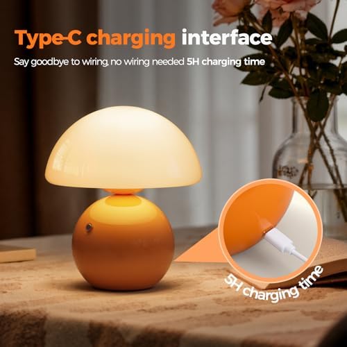 NIORSUN Mushroom Lamp Table Lamp for Bedroom, Portables Cordless Table Lamp,Wireless lamp,Small Bedside Table Touch Lamps for Living Room,Mini Mushroom 5200mAh Battery Operated Lamp Modern Orange - Image 5