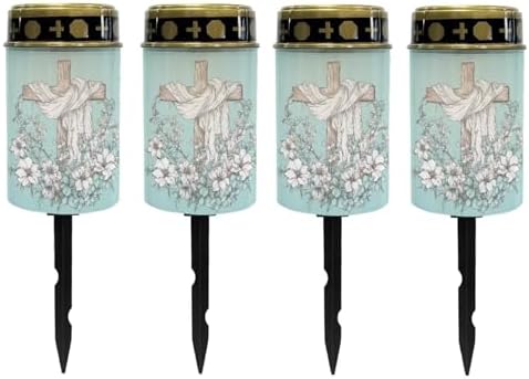 Poceacles Cross Solar Lights for Cemetery Gravesite LED Flameless Pillar Candles Solar Powered Grave Candles Waterproof Outdoor Garden Lights Grave Markers, Flower Cross Light Blue, Pack of 4 by Poceacles