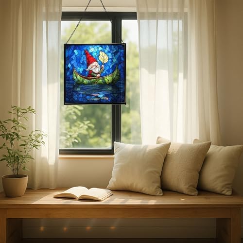 Gnome Canoe Ride Stained Glass Suncatcher – Square Hanging Window Panel for Home or Greenhouse – Whimsical Glass Art Gift for Garden Lovers, Christmas, Halloween, Father Days WaScGY - Image 7