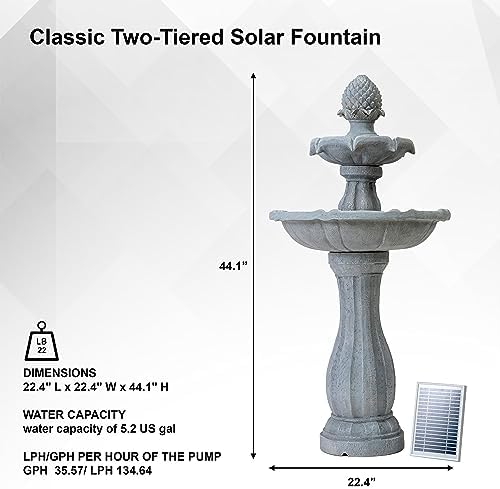 XBrand 44" H Solar Water Fountain, Two-Tier Outdoor Garden Fountain with Bird Bath, White Fiberglass Resin Design, Solar Panel, and Auto Shut-Off Pump - Image 2