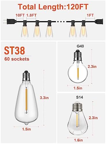 GPATIO 120FT Outdoor String Lights, Waterproof Patio Lights with 64 Hanging Lights ST38 Bulbs, 2700k Shatterproof for Backyard Gazebo Porch Garden Outside Decor - Image 2