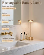 2 Pack LED Cordless Table Lamp Rechargeable, 5000mAh Portable Battery Operated Desk Touch Lamp, 3 Color Dimmable Table Light for Home Office/Dining/Nightstand for Home Décor – Champagne Gold - Image 5