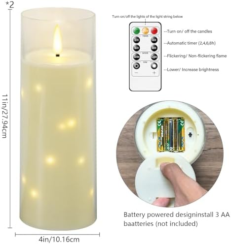 kakoya 11" x 4" Large Outdoor Waterproof Flameless LED Candles with Remote and Timer,Acrylic Pillar Candles Battery Operated with Embedded Star String for Porch,Patio,Outdoor Decor,Set of 2(Ivory) - Image 5
