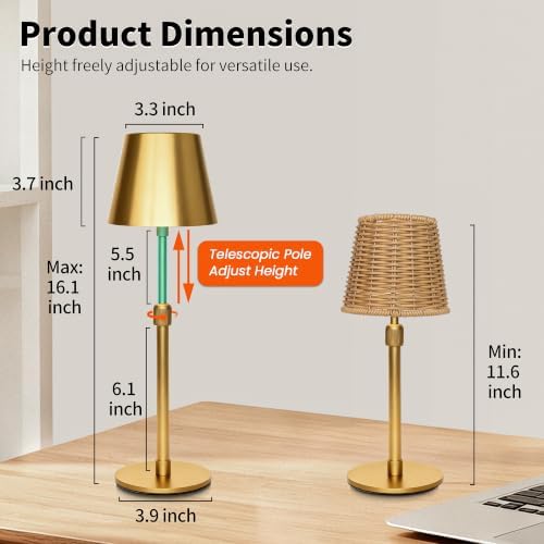 Mr.White Outdoor Waterproof Rechargeable Cordless Set of 2 Table Lamp with Telescopic Pole & Wicker Shade, Battery Operated Table Light with Touch Control, for Patio Restaurant Kitchen (Gold 2 Pack) - Image 7