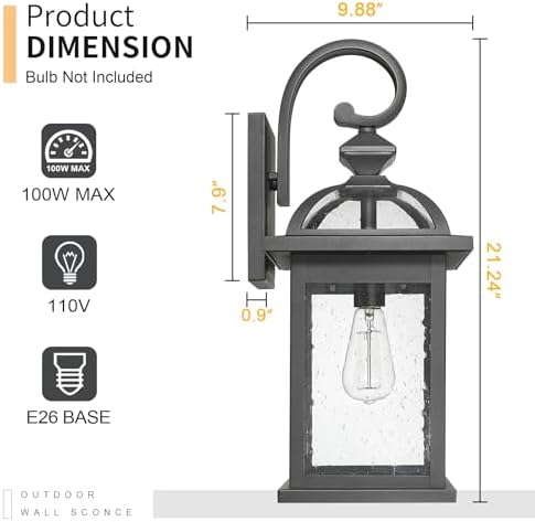 Darkaway Dusk to Dawn Outdoor Lights Fixture Wall Mount,Large 22inch Exterior Wall Light with Seeded Glass Waterproof Black Outside Wall Sconce for House Porch Hallway Garage - Image 3
