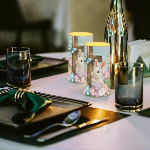 Pack of 2 Butterfly Bunny Eggs Flameless Candles with Timer Battery Operated Candles with Remote Flickering LED Elictric Pillar Tealights for Easter Day Party Decorations - Image 3