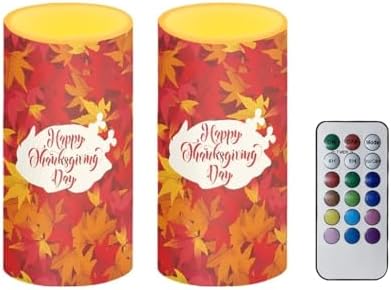 5.7" x 3" Battery Operated Candles with Timer Happy Thanksgiving Flameless LED Candles with Remote for Outdoor Lanterns Maple Leaves Electric Fake Plastic Pillar Lights Bulk Set of 2 by Merkmak