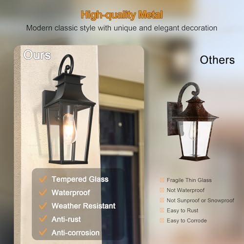 ALVIME Dusk to Dawn Outdoor Wall Lighting, 17 Inch Matte Black Outdoor Sconce Lights, Exterior Light Fixtures for House, Front Door, Porch, Patio, Garage, E26 Base& High Strength Clear Glass - Image 5