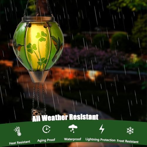 St Patricks Hot Air Balloon Solar Lantern - Patrick's Shamrock Glass Lantern, Simulated Flickering & Dancing Flame, Outdoor Hummingbird Hanging Yard Light for Patio Porch Decor Irish Clover Gift - Image 4