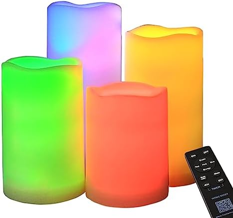 Set of 4 Multicolor LED Pillar Candles Outdoor IP64 Waterproof 3x4 3x5 3x6 3x7 - Color Changing Pillar Candles Battery Powered - Unscented LED Candles Assorted Colors with Timer and Remote by HomeMost