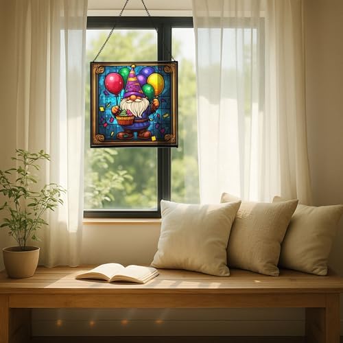 Birthday Balloon Gnome Stained Glass Suncatcher – Square Hanging Window Panel for Home or Greenhouse – Whimsical Glass Art Gift for Garden Lovers, Christmas, Halloween, Father Days mKbNDa - Image 7