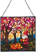 Gnome in Peach Grove Stained Glass Suncatcher – Square Hanging Window Panel for Home or Greenhouse – Whimsical Glass Art Gift for Garden Lovers, Christmas, Halloween, Father Days HTHgCN by Custom