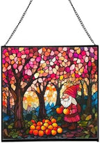 Gnome in Peach Grove Stained Glass Suncatcher – Square Hanging Window Panel for Home or Greenhouse – Whimsical Glass Art Gift for Garden Lovers, Christmas, Halloween, Father Days HTHgCN by Custom