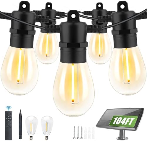 Yusist 104FT(98+6) Solar String Lights Outdoor Waterproof, Solar Powered Patio Light with 30+2 Dimmable S14 Edison Bulbs Shatterproof & Remote Control, Solar String Lights for Outside Garden Backyard by Yusist