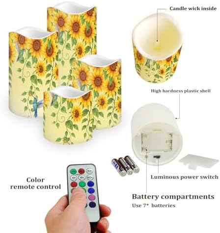 Sunflower Hummingbird Flickering Flameless Candles Pillar LED Candles with Remote and Timer Set of 4 Color Changing Battery Operated Candles for Home Decoration - Image 3