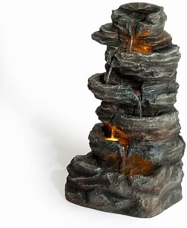 6-Tier Outdoor Cascading Stone Water Fountain, 35" H Freestanding LED Rock Waterfall with Natural Stone Appearance and Lights, Resin Water Feature for Garden Patio Yard Deck - Image 6
