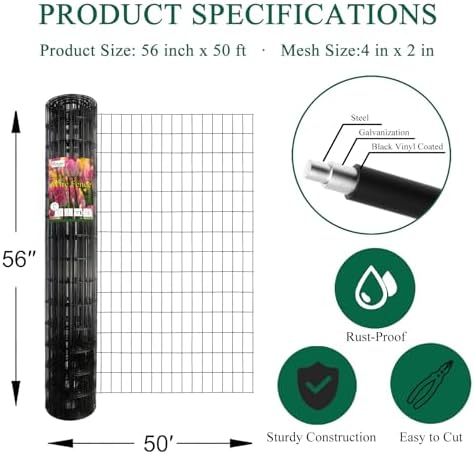 Black PVC Coated Welded Wire Fence 56" x 50' Roll, 2"x4" Mesh, 14 Gauge - Image 3