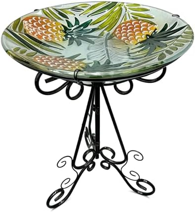 Large Glass Bird Bath with Metal Stand, Pineapple by OUISJYER