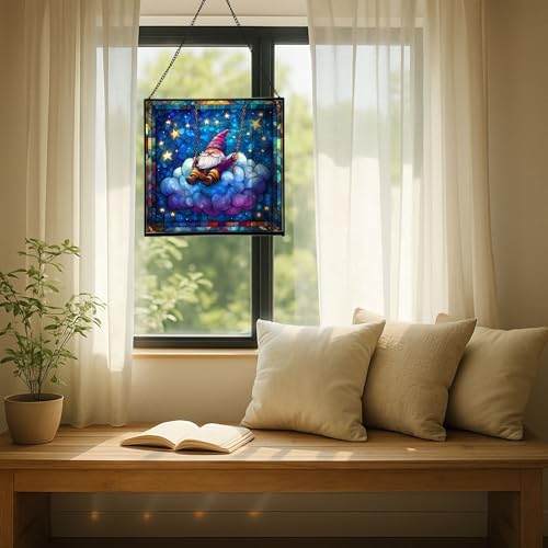 Cloud Gnome Swing Stained Glass Suncatcher – Square Hanging Window Panel for Home or Greenhouse – Whimsical Glass Art Gift for Garden Lovers, Christmas, Halloween, Father Days MPT6CG - Image 7