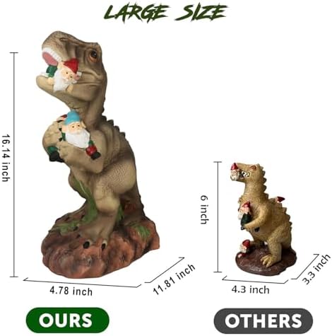 PARTYGEARS Dinosaur Statue with Gnomes, 16“ Large Outdoor Garden Statues Yard Decor, Funny Dinosaur Holding Gnomes Figurines for Patio Lawn, Weatherproof Gnome Decorations for Home, Unique - Image 4