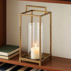 16" Modern Metal Lantern with Twisted Rope-Style Frame in Antique Brass with Glass Hurricane for Pillars, String Light. Centerpiece, Mantel, Ambient Lighting, Farmhouse, Transitional, Patio, Entryway - Image 3