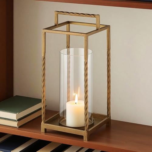 16" Modern Metal Lantern with Twisted Rope-Style Frame in Antique Brass with Glass Hurricane for Pillars, String Light. Centerpiece, Mantel, Ambient Lighting, Farmhouse, Transitional, Patio, Entryway - Image 3