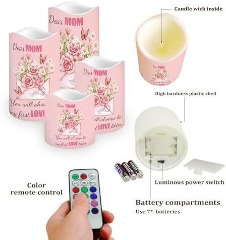Dear Mom Flameless Light Candles with Remote Timer Battery Operated Candles Color Changing Fake Pillar Candles Tea Lights Home Mothers Day Decorations - Image 3