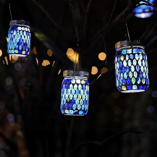 Cooo 4 Pack Mosaic Solar Lantern and 2 Pack Heavy Iridescent Crackle Glass Solar Lantern - Image 6
