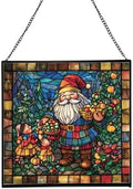 Gnome with Seasonal Celebration Stained Glass Suncatcher – Square Hanging Window Panel for Home, Garden, Nursery, Halloween, Christmas, Memorial Day – Whimsical Glass Art Gift for Gnome Lovers aovxtp by Custom