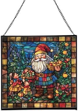 Gnome with Seasonal Celebration Stained Glass Suncatcher – Square Hanging Window Panel for Home, Garden, Nursery, Halloween, Christmas, Memorial Day – Whimsical Glass Art Gift for Gnome Lovers aovxtp by Custom