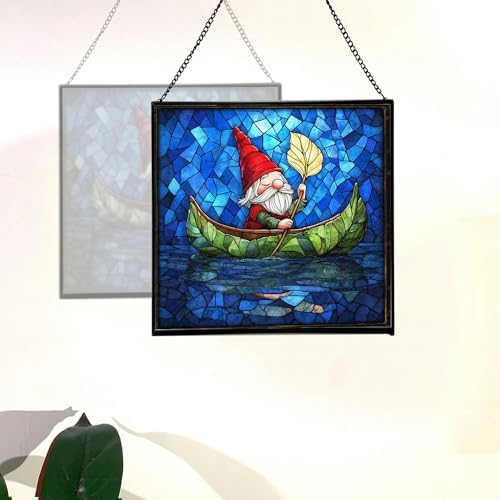 Gnome Canoe Ride Stained Glass Suncatcher – Square Hanging Window Panel for Home or Greenhouse – Whimsical Glass Art Gift for Garden Lovers, Christmas, Halloween, Father Days WaScGY - Image 4