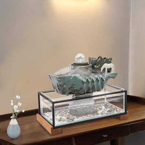 Tabletop Water Fountains Decoration, Eco Fish Tank Water Fountains with Mist LED & Fake Plants-Decor for Meditation, Good Luck Wealth, Waterfall Indoor for Home and Office - Image 2