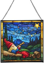 Gnome Stargazing Stained Glass Suncatcher – Square Hanging Window Panel for Home, Garden, Nursery, Halloween, Christmas, Memorial Day – Whimsical Glass Art Gift for Gnome Lovers 38qr0f by Custom