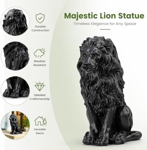 20.7" Black Lion Statue Outdoor Decor, Resin Sitting Lion Sculpture, Majestic Guardian Animal Figurine for Garden, Patio, Porch, Entryway, Courtyard, Lawn & Indoor Home Decoration - Image 5