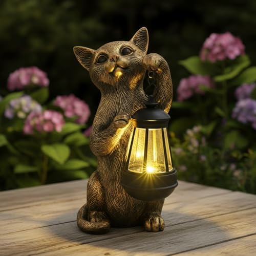HONGLAND Cat Outdoor Statues Garden Decor, Cat Figurines Solar Lantern Lights, Birthday Gifts for Mom, Front Patio Balcony Yard Art Lawn Ornaments Porch Outdoor Decorations - Image 2