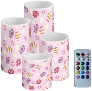 Pack of 4 Easter Eggs Flickering Flameless Candles Bulk Daisy Flower Battery Operated LED Pillar Candles with Remote and Timers for Home Dining Table Decorations by Merkmak