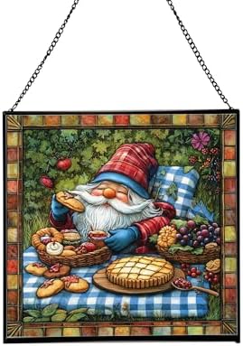Baking Gnome Picnic Stained Glass Suncatcher – Square Hanging Window Panel for Home or Greenhouse – Whimsical Glass Art Gift for Garden Lovers, Christmas, Halloween, Father Days qiiejq by Custom
