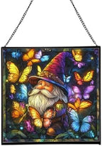 Gnome Among Butterflies Stained Glass Suncatcher – Square Hanging Window Panel for Home or Greenhouse – Whimsical Glass Art Gift for Garden Lovers, Christmas, Halloween, Father Days mExMxO by Custom