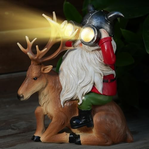 VChymm Garden Gnome Statues Resin Gnome Sitting On Deer Statues Solar Lights Outdoor Telescope Gnome Gifts for Yard, Patio Decor Gift (Deer Gnome) - Image 2