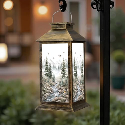 Solar Lantern Outdoor Waterproof Green Forest Woodland Nursery Room Pine Trees Mountains Fog Birds Garden Decor LED Solar Lights Hanging/Tabletop Lamp Gifts for Women Mom for Outside Yard Patio by DERUINVAIO