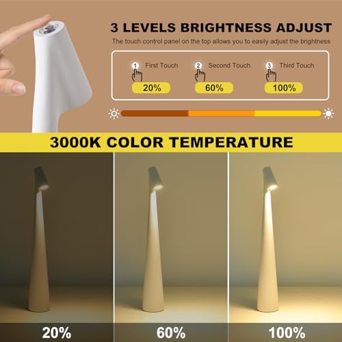 Rechargeable Table Lamp Cordless, Battery Operated Portable Table Lamps 3 Color Dimmable Desk Lamp LED Metal Modern Night Light for Bedroom Living Room Office Indoor Outdoor Couple Dinner (White) - Image 3