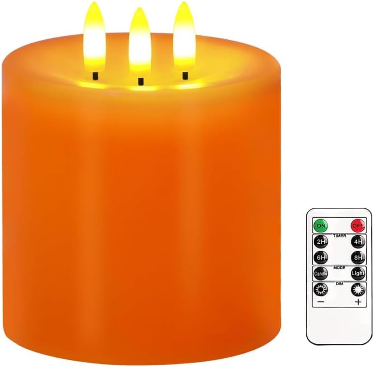Amagic 3 Wick Extra Large Flameless Pillar Candle with Timer Remote, Orange - Image 4