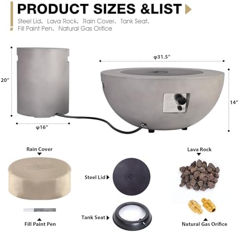 2-Piece Outdoor Propane Fire Pit Table Set w/Tank Cover Table, 31.5-inch 50,000 BTU Bowl Concrete Firepit SUS201 Round Burner with Steel Lid, Lava Rocks, Rain Cover… - Image 3