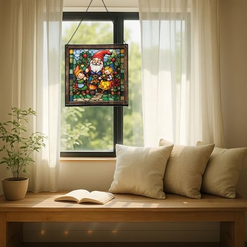 Gnome with Seasonal Celebration Stained Glass Suncatcher – Square Hanging Window Panel for Home, Garden, Nursery, Halloween, Christmas, Memorial Day – Whimsical Glass Art Gift for Gnome Lovers sfibxo - Image 7
